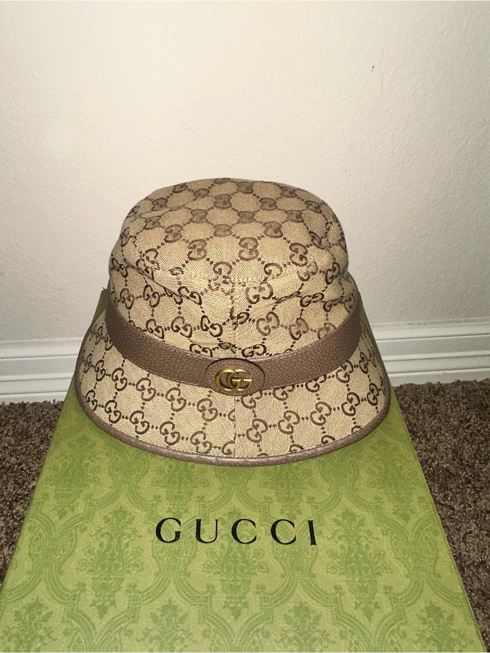 Gucci Beige GG Monogram Bucket Hat with Brown Leather Trim